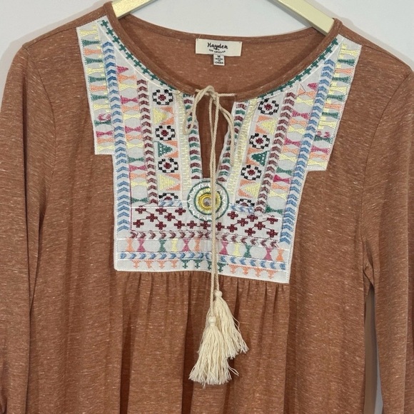Hayden L. A. Aztec Embroidered Brown Sienna Tunic Dress Size M Southwest Boho - Picture 2 of 10